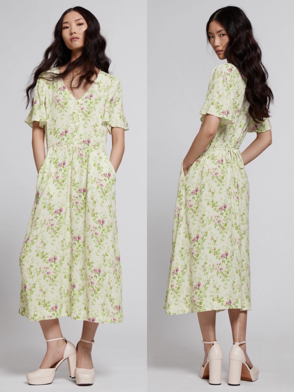 & Other Stories Floral Flutter Sleeve Midi Dress 8, 10 NWT